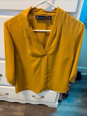 New York & Company Mustard Draped V-Neck Blouse